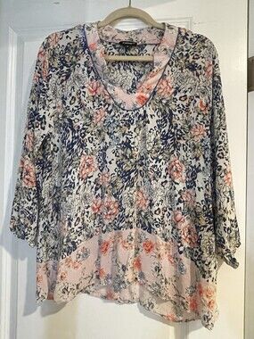 TOLANI COLLECTIONS Blouse Women Size M Floral Chiffon Blue V Neck Flare